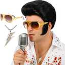 4pcs Set 50s 60s Rock Legend Wig for Men Singer Rocker Costume Wig for Cosplay Halloween Party (Natural Black)