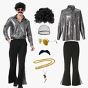 70s Disco Outfit for Men 70s Disco Costume with Satin Shirt Bell Bottom Pants Wigs Mustache Necklace Sunglasses for Party , Size M