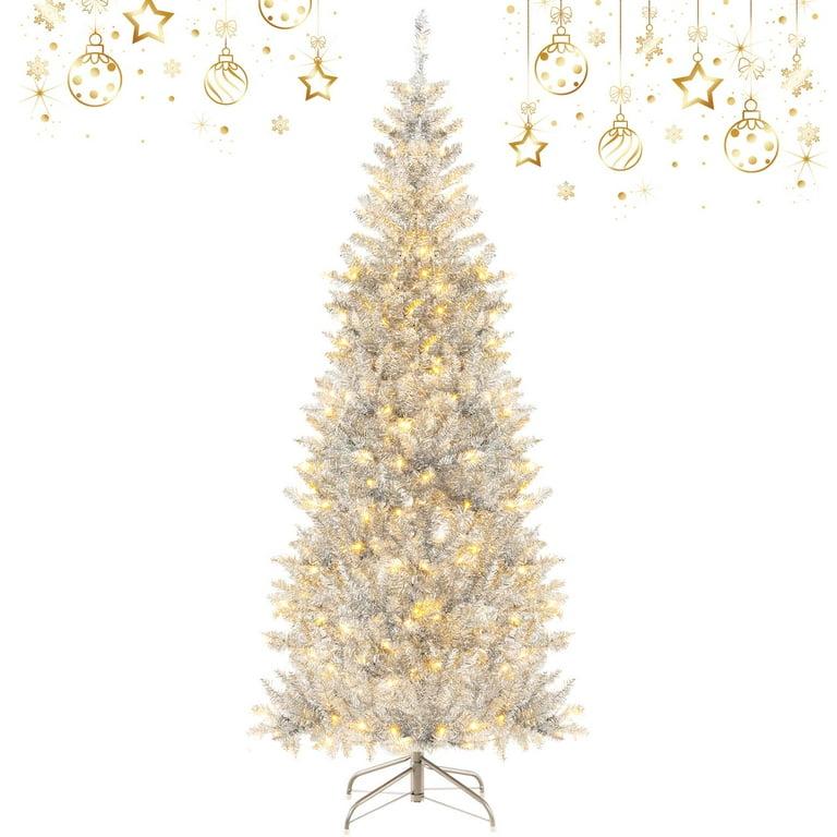 6FT Pre-lit Artificial Silver Tinsel Xmas Tree with 790 Branch Tips 300 LED Lights