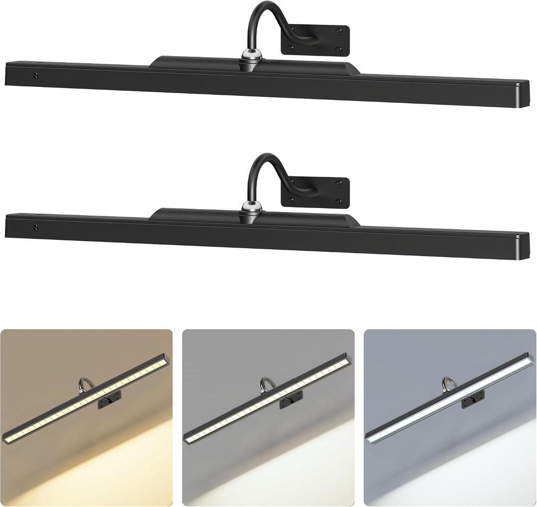 2 Pack Lights for Pictures on Wall Black - Cordless Battery Powered Wall Art Lighting with Dimmable Remote for Living Room, Bedroom & Hallway, 24in-2pack
