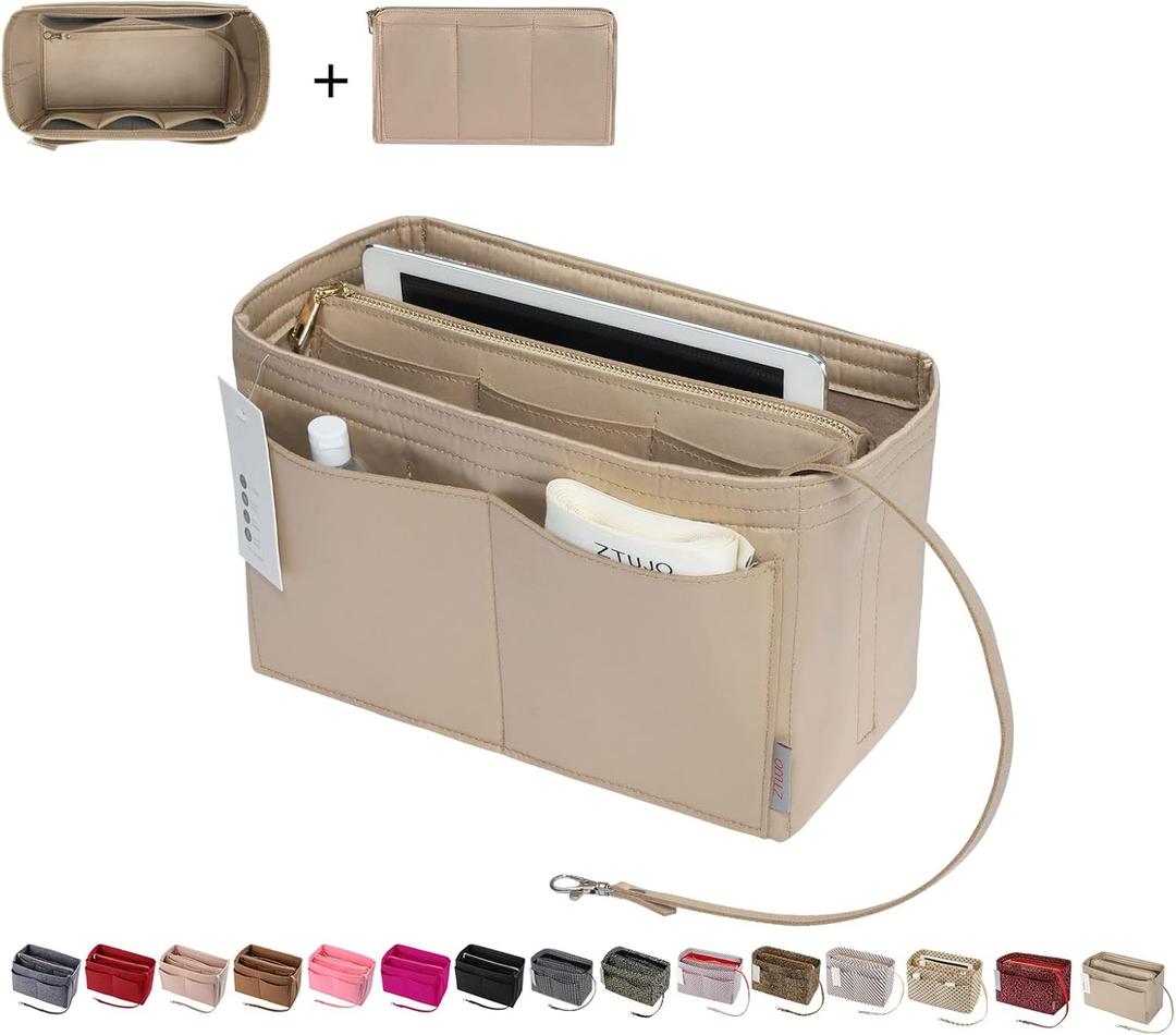 ZTUJO Purse Organizer Insert, Felt Bag Organizer with Metal Zipper, Handbag & Tote Shaper, For Speedy Neverfull Tote, 7 Sizes (Slender Medium, Silky Beige)