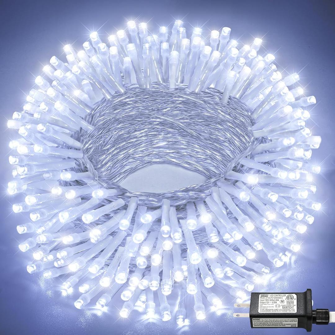 White Christmas Lights Outdoor, 100FT 300 LED String Lights Indoor Waterproof with 8 Modes, Plug in Connectable Twinkle Fairy Lights Clear Wire for Bedroom Xmas Tree Patio Yard Party Decorations