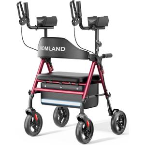 Upright Walkers for Seniors, Stand Up Rollator Walker with Adjustable Padded Armsupport & Seat, Folding Rolling Walker with 8'' Wheel Suitable for All Terrain, Red