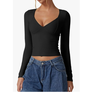 QINSEN Women's Long Sleeve V Neck T Shirts Double Lined Crop Top Seamed Cup Going Out Tops L 