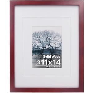 Egofine 11x14 Picture Frame Display Pictures 5x7/8x10 with Mat or 11x14 Without Mat Made of Solid Wood Covered by Plexiglass for Table Top Display and Wall Mounting Photo Frame, Dark Red