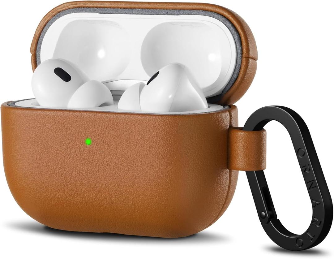 ORNARTO Compatible with AirPods Pro 2 Case, Full Protective Vegan Leather Cover for Airpods Pro 2nd / 1st Generation (2022/2019), Front LED Visible, Brown Leather