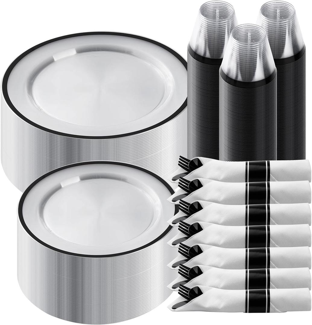 Goodluck 350 Piece Black Plastic Dinnerware Set for Party, Clear Disposable Plates for 50 Guests, Include: 50 Dinner Plastic Plates, 50 Dessert Plates, 50 Pre Rolled Napkins with Cutlery Set, 50 Cups