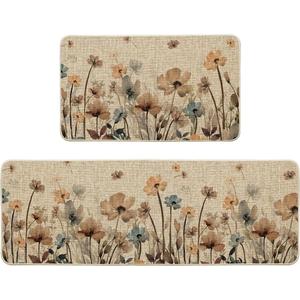 Artoid Mode Brown Poppy Floral Leaves Spring Kitchen Mats Set of 2, Spring Home Decor Low-Profile Kitchen Rugs for Floor - 17x29 and 17x47 Inch