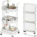 DTK 3 Tier Foldable Rolling Cart, Metal Utility Cart with Lockable Wheels, Folding Storage Trolley, 3 Small Baskets and 6 Hooks for Living Room, Kitchen, Bathroom, Bedroom and Office, White