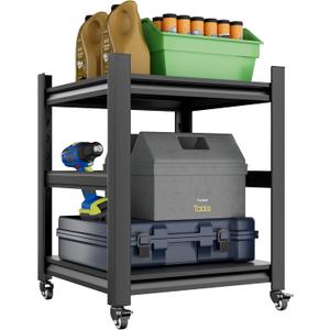 2 Tier Garage Shelving with Wheels and Fences Unit Heavy Duty Storage Shelves Easy Assembly Adjustable Metal Steel Utility Shelf Rack Garage Storage Organize for Tools Basement,Warehouse (17.7*21.6*21.6",1set)