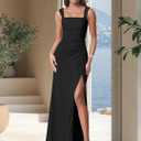 Women Sexy Mesh Tie Low Back Sleeveless Split Ruched Maxi Dress Party Cocktail Long Dress Wedding Guest Dresses (Black, L)