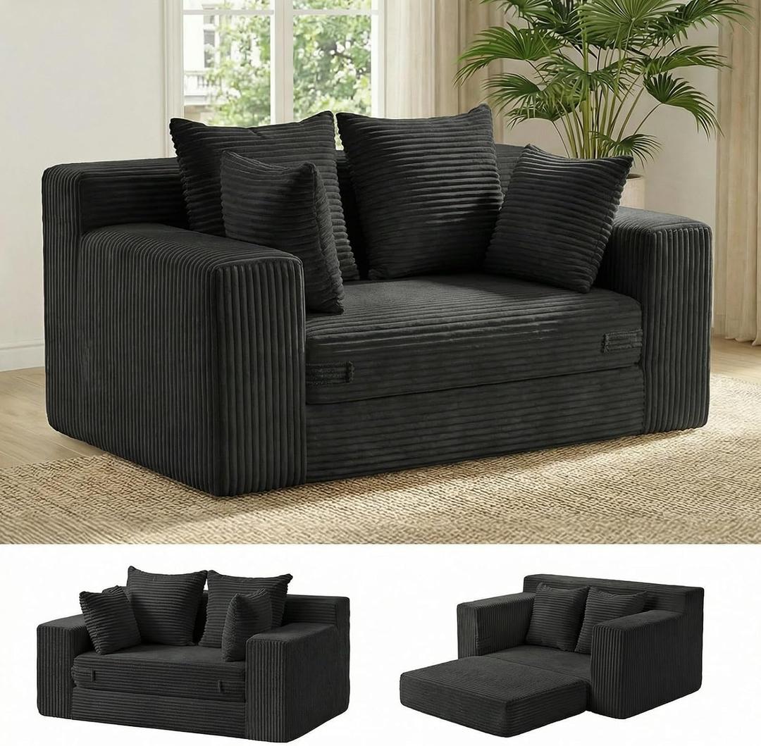 Boneless Couch Loveseat Sleeper, Convertible Sofa Bed Folding Couch Bed Foldable, 2 in 1 Boneless Chair Bed & Futon Sofa Bed, Small Pull Out Sofa with 4 Pillows for Living Room, Black, Loveseat-55''