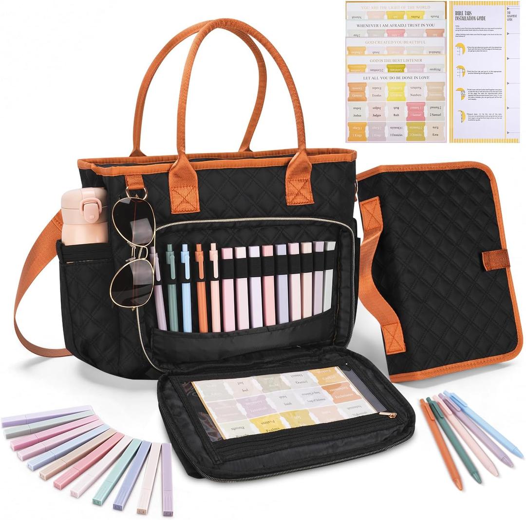 Large Bible Cover Case for Women, Quilted Church Tote Bag with Shoulder Strap, Bible Study Supplies Journaling Kit Bible Accessories, Christmas Christian Gift for Women (Black)