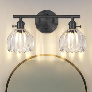 Matte Black 2 Light Bathroom Vanity Light,14.9in Modern Bathroom Lighting Fixtures Over Mirror with Clear Crystal Glass Shade,Vintage Vanity Lights for Bathroom Living Room Bedroom（not include bulbs)
