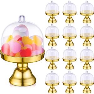24 Pieces Plastic Mini Cake Stand with Dome Cover Chocolate Candy Cupcake Containers Dessert Display Plate with Dome Cover for Birthday Wedding Holiday Party Supplies (Gold, Transparent)