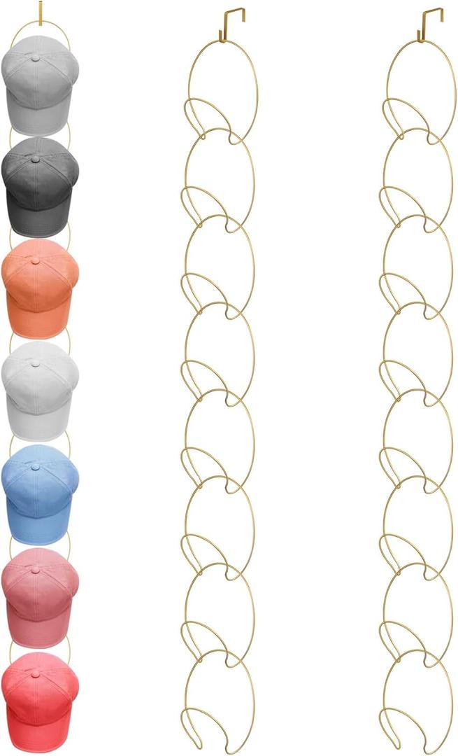 Yerliker 16 Pieces Hat Rack Wig Holder Over The Door Baseball Hat Holder Wall Mounted Hanging Wig Organizer for Closet Display Storage Rack with 2 Hooks for Tie Scarf(Gold)