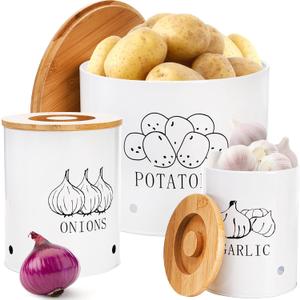 WUWEOT 3 Pack Vegetable Storage Tins, Round Metal Potato Onion Garlic Storage Bins, Farmhouse White Kitchen Canisters Vegetable Fresh Keeper Set with Bamboo Lids and Aerating Holes