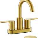 Brushed Gold 2 Handle Centerset Bathroom Sink Faucet with Drain Assembly, High Arc Modern 4 Inch Bathroom Vanity Lavatory Faucet 3 Holes with Brass 360 Swivel Spout, TAF067E-PB