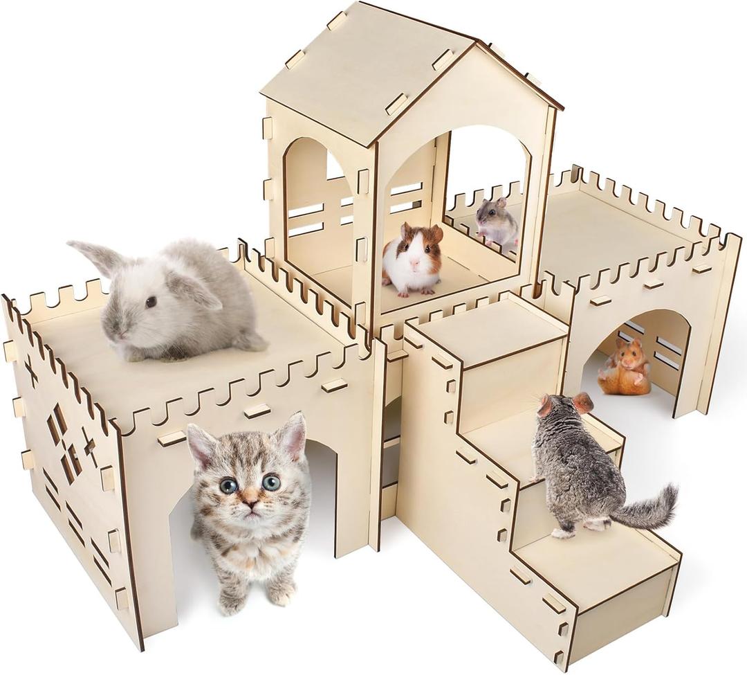 Bissap Wooden Rabbit Hideout Castle, Extra Large Bunny Houses and Hideouts Indoor Outdoor Rabbit Hidey Habitat for Bunnies Chinchillas Hamsters Guinea Pigs Detachable Small Animal Play Hideaway Hut