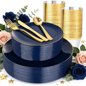 WDF 150pcs Blue plastic Plates - Navy Blue Plates Disposable - 25guest Disposable Dinnerware Sets for Party/Wedding/Birthday/Graduation