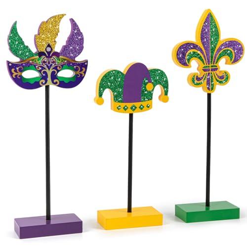 Hedeey 3 Pieces Mardi Gras Tiered Tray Decor Wood Set, Glitter Mardi Gras Table Decor,Rustic Mardi Gras Table Decorations for Party Home Room (Mardi Gras)