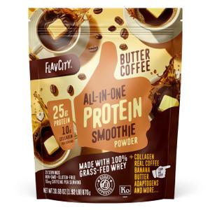 FlavCity All in One Protein Shake Powder, Butter Coffee - 55mg Caffeine + Collagen Peptides, Reishi & Cordyceps - Focus, Skin, Hair & Joint Support - 100% Grass Fed Whey, 20 Servings BB 02/08/2028