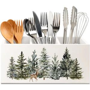 KBRCT Christmas Tree Wooden Utensils Holder, Farmhouse Xmas Reindeer Winter Forest Landscape Wood Cooking Utensil Holder Organizer for Kitchen Countertop Desk Accessories Counter Decor