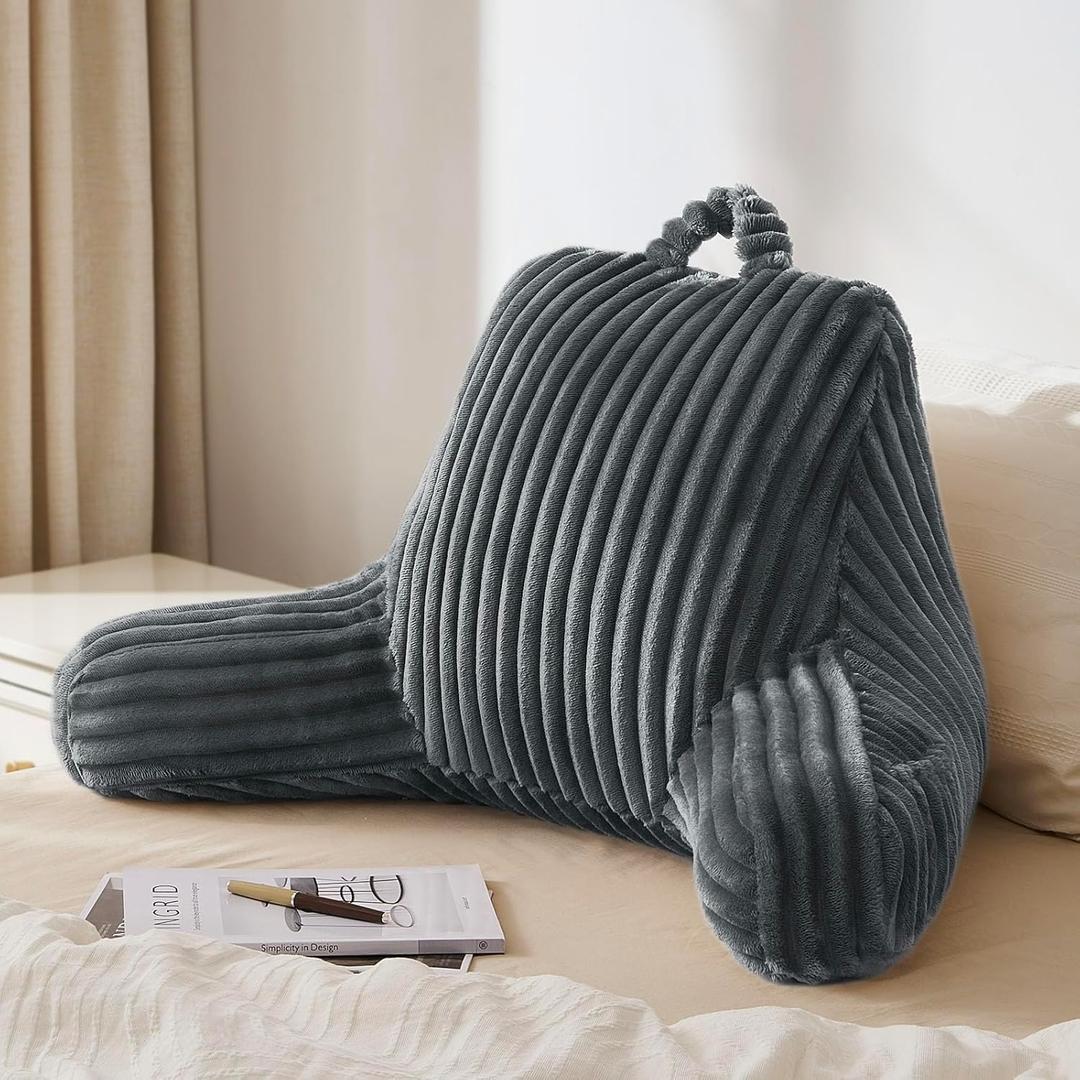 Blissful Diary Reading Pillow for Sitting in Bed, Flannel Back Pillow Bed Sitting Up for Adult & Children, Backrest Cushion for Sit Up in Couch or Floor, Dorm Essentials, Dark Gray