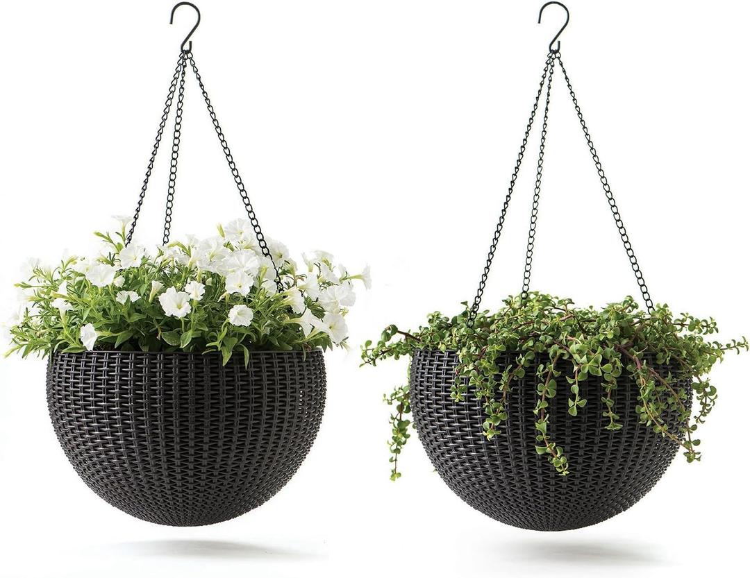 Keter Resin Rattan Set of 2 Round Hanging Planter Baskets for Indoor and Outdoor Plants-Perfect for Porches and Patio Decor, Graphite, Medium