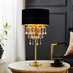 Wellmet Drum Shade Gold Crystal Table Lamp, 4 Light Black Gold Shade, Candle Base for Living Room, Bedroom, Reading Room, Hallway, Corridor