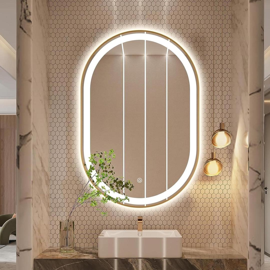 TheiaMo 36"x24" Oval LED Bathroom Mirror, Gold Metal Frame Lighted Mirror