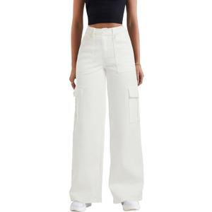 Women's Cargo Jeans Casual Baggy Cargo Jean Elastic High Waisted Stretch Wide Leg Denim Pants Streetwear (Medium, White)