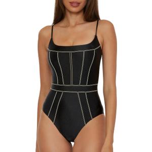 BECCA Women's Standard Color Sheen One Piece Swimsuit, Sexy Satin, Bathing Suits (Medium, Black)