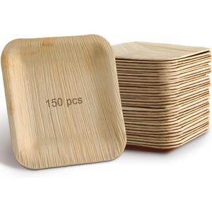 150 Pieces Palm Leaf Square Bamboo Plates Disposable Wood Dinnerware Set Leaf Plates for Weddings Catering Events Birthday Summer Party (4 Inch)