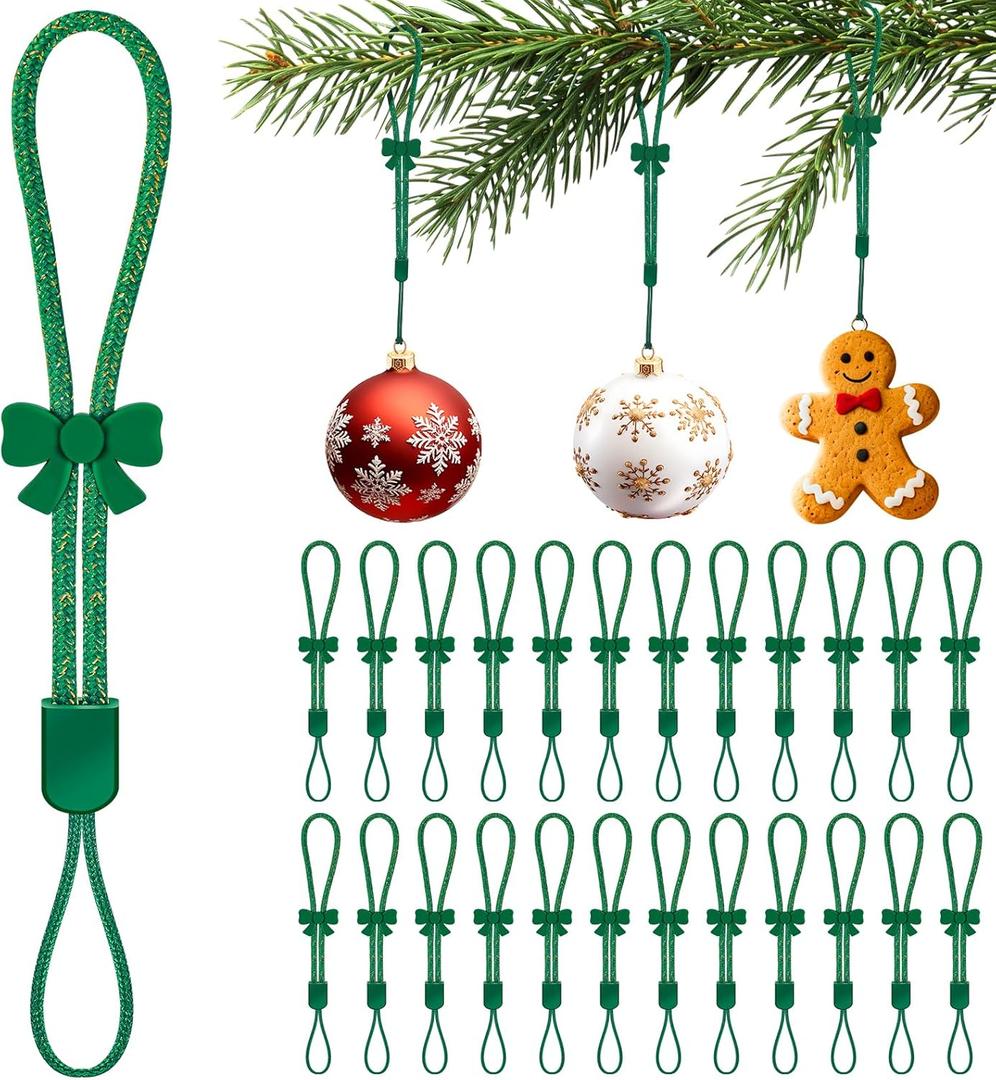 36 Pcs Adjustable Christmas Ornament Hooks, No-Slip Cat Child Proof Ornament Hangers String for Hanging Christmas Tree Decorations, Strong Accessorie for Small & Large Ornaments (Shiny Green)