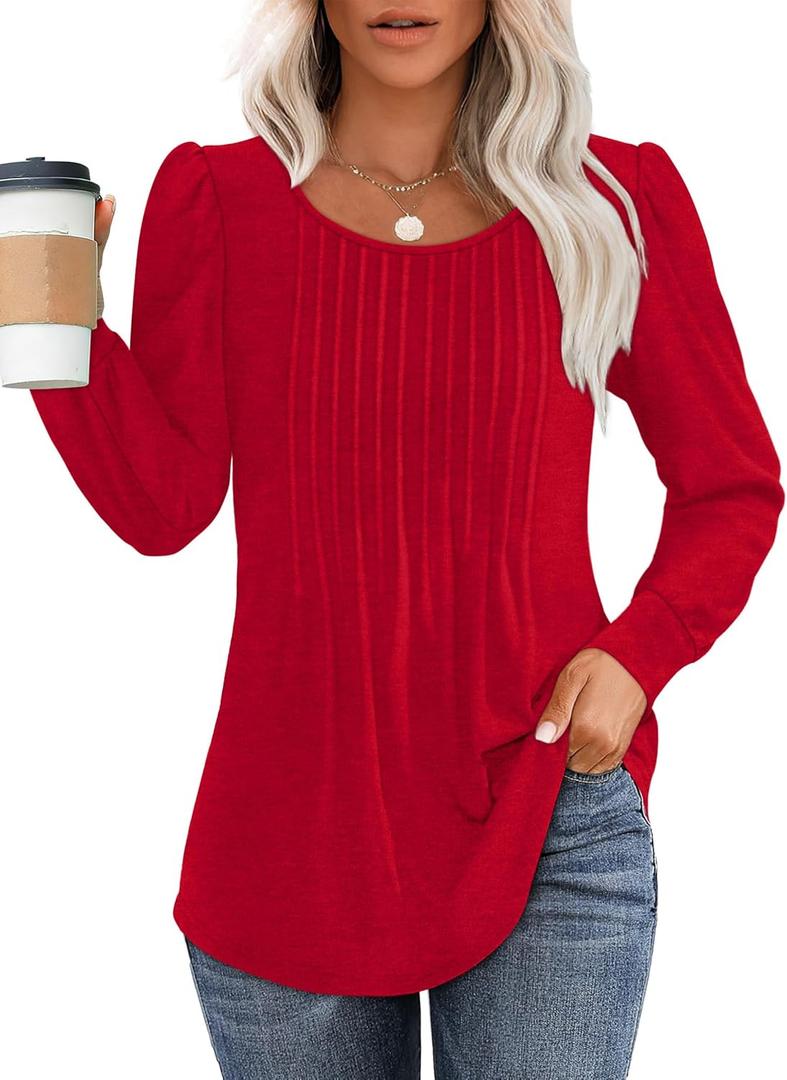 OFEEFAN Long Sleeve Shirts for Women Fall Tops Dressy Casual Blouses Pleated Scooped Neck Tunic Tops for Leggings (XX-Large, 1-red)