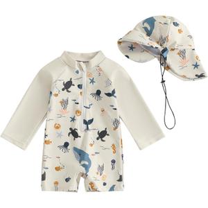 Hnyenmcko Baby/Toddler Boy Rash Guard Swimsuit Long Sleeve One Piece Zipper Swimwear Sunsuit Infant Bathing Suit Beachwear (12-18 Months, Animal-beige)