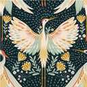 HAOKHOME Crane Wallpaper Peel and Stick Boho Floral Bird Dots Wall Paper Japanese Chinoiserie Dark Green/Beige/Yellow Accent Wall Decor 17.3in x 32.8ft