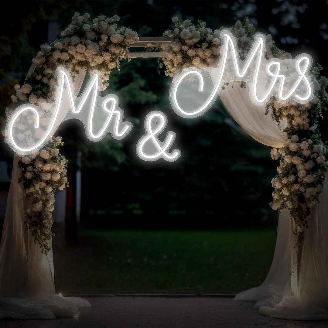 Mr and Mrs Neon Sign for Wedding 57.09 x 15.75 Inch Neon Light LED Backdrop Wall Decor USB Wedding Reception Decoration Gifts for Anniversary Engagement Banquet(Cold White)