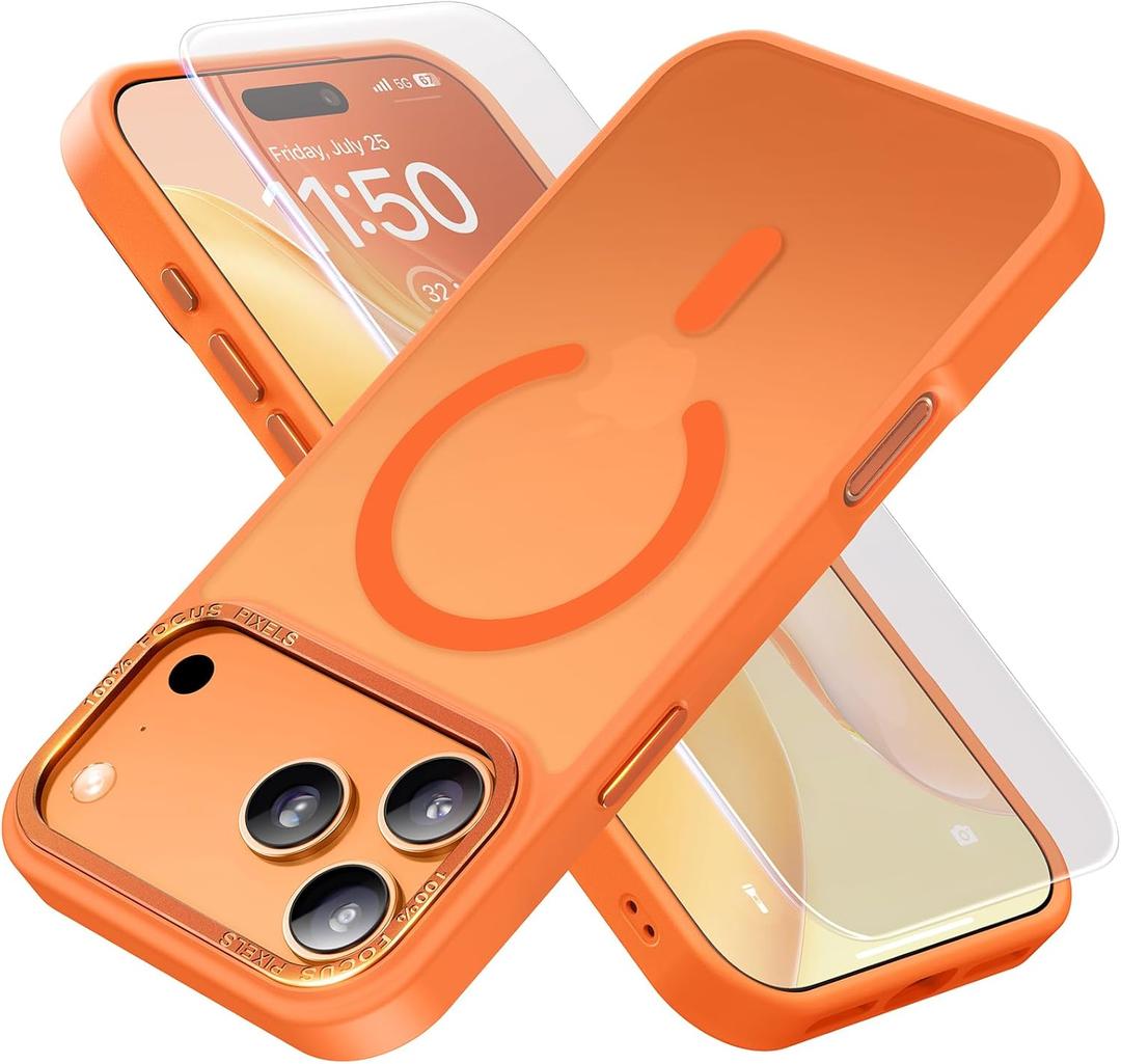Magnetic for iPhone 17 Pro Max Case with Screen Protector & Wrist Strap, Fit for MagSafe,Military-Grade Protective Drop, Shockproof Matte Translucent Slim Cute for iPhone 17 ProMax Case, Glossy Orange