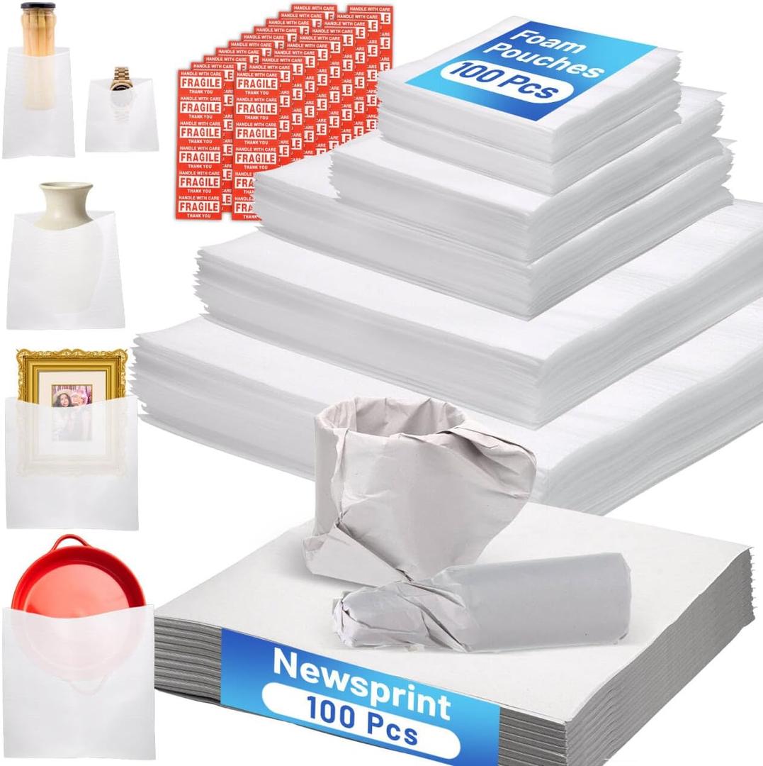 320 Pcs Foam Pouches & Packing Paper for Moving Supplies, 5 Sizes Packing Foam Pouches, Newsprint Paper with Fragile Stickers for Protecting Dishes Cup China (16X16", 14X14",12X12", 7.8X12", 7.8X7.8")