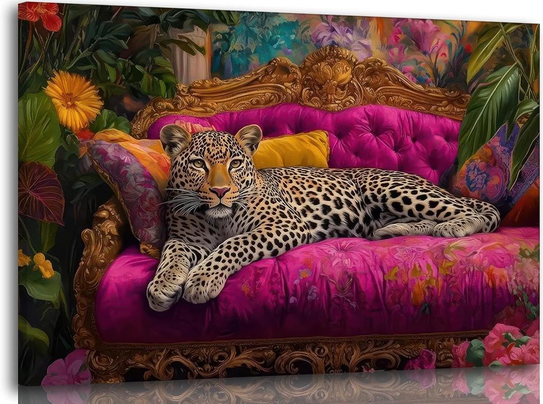 Cheetah Lying On Pink Sofa Canvas Wall Art Eclectic Leopard Wall Decor Pictures Maximalist Animal Portrait Poster Prints for Living Room Home Bedroom Home Decoration 24x36in Ready to Hang