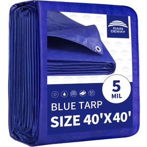 RAINDEWAY LargeTarps 40x40 Feet 5 Mil Blue Waterproof Multipurpose Tarp, 40'×40'-Finished Size