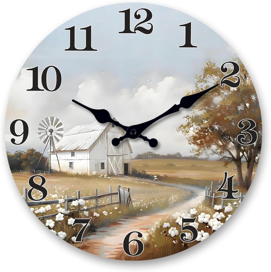 XFM Large Farmhouse Wall Clock 24 Inch Silent Wooden Wall Clocks Battery Operated Farm Barn Country Round Analog Clock for Living Room Kitchen Bedroom