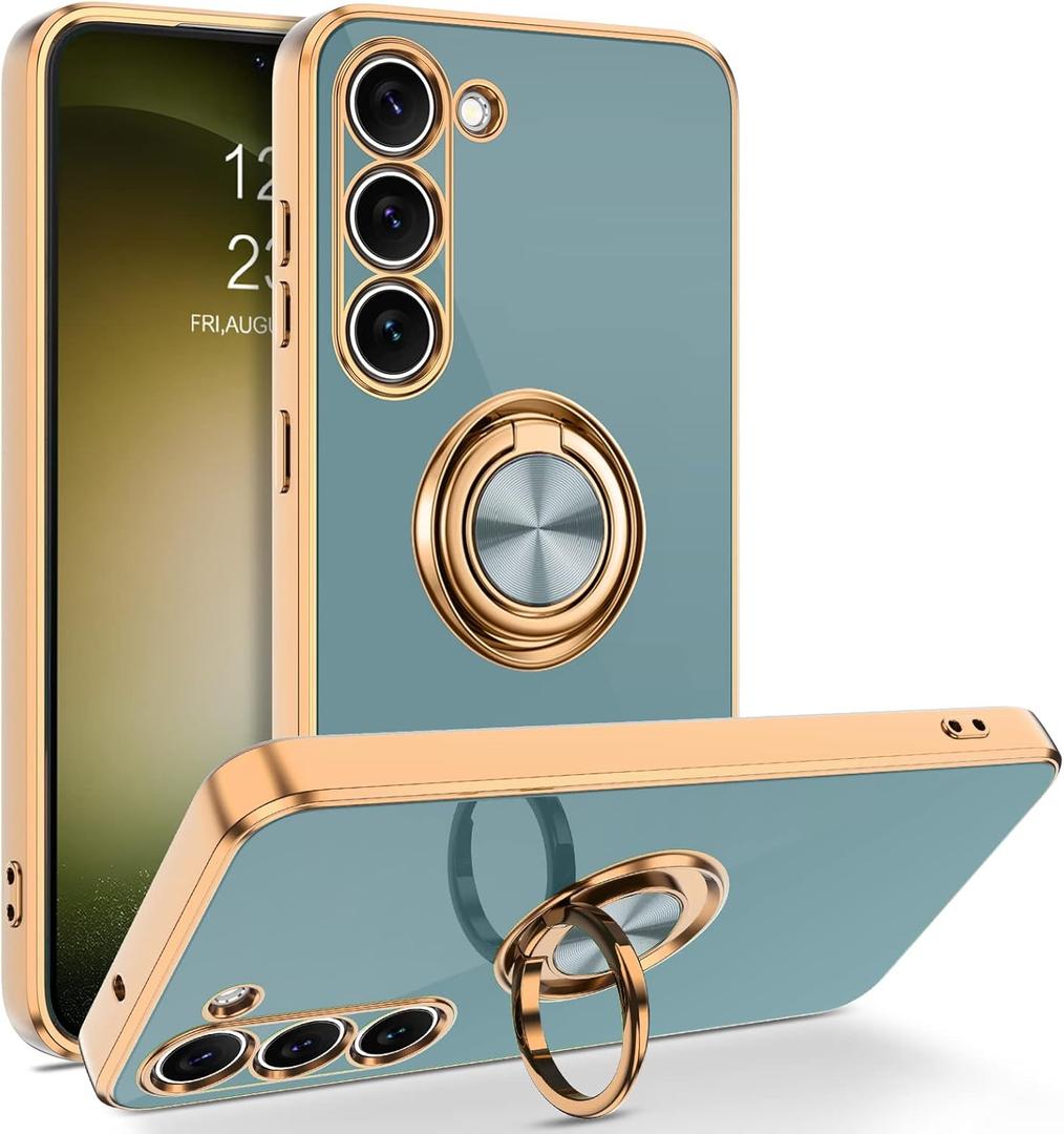 BENTOBEN for Samsung Galaxy S23 Case, 360 Ring Holder Kickstand Support Car Mount Elegant Plating Edge Slim Shockproof Soft TPU Protective Phone Cover for Samsung Galaxy S23 6.1" 2023, Gary Green