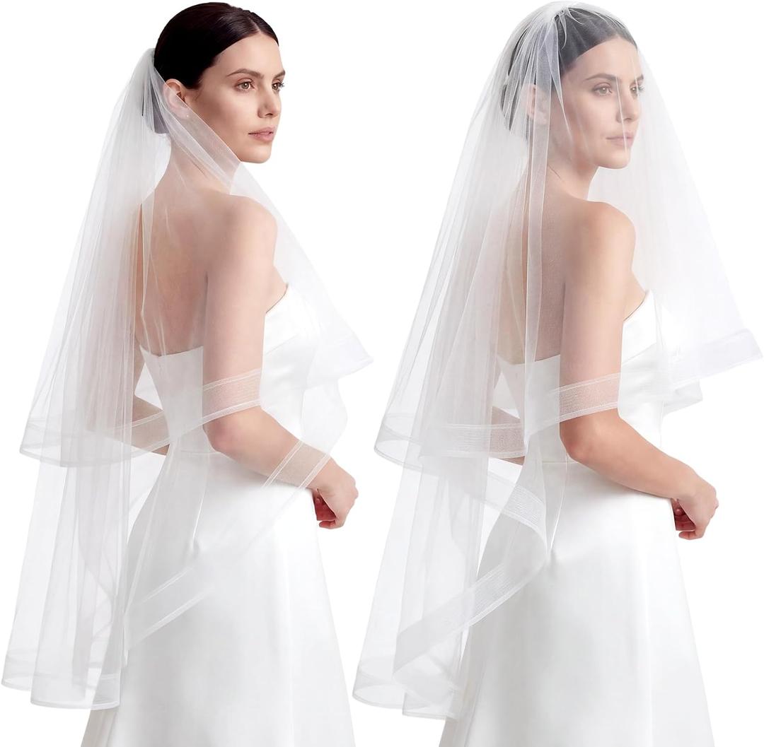 Jiuguva White Bridal Veil 2 Tier Wedding Veil with Horsehair Trim Comb Tulle Veils for Brides Shower Wedding Party Gift