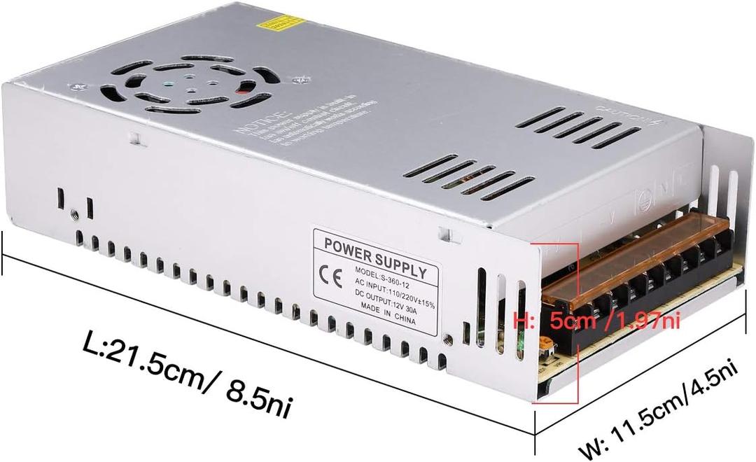 DC 12V 30A Power Supply 360W Universal Regulated Switching AC to DC Converter AC110V/220V (SMPS) Transformer Driver Adapter for LED Strip Light, CCTV Camera Security System, Radio, Computer Project (12V 30A 360W)