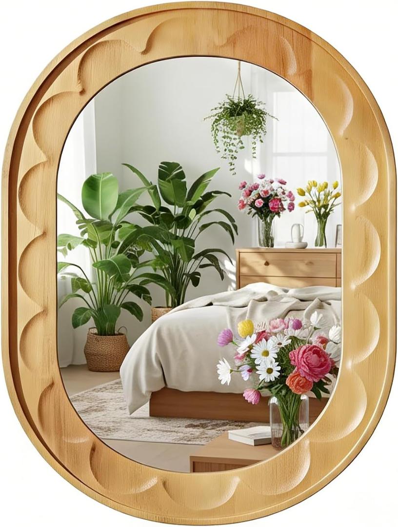 Entryway Small Mirrors for Wall, 16 x 12 Inch Bathroom Wood Mirror with Carved Wooden Frame and High-Definition Glass, Boho Wall Mirror Decorative for Bathroom, Entryway, Bedroom, Hallway