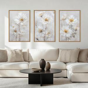Aryroi Modern Chinoiserie White Daisy Floral Framed Canvas Wall Art Set,Watercolor Natural Beige Wildflower Wall Decor,Textured Minimalist Flower Botanical Artwork for Living Room,Farmhouse-24 x36 x3