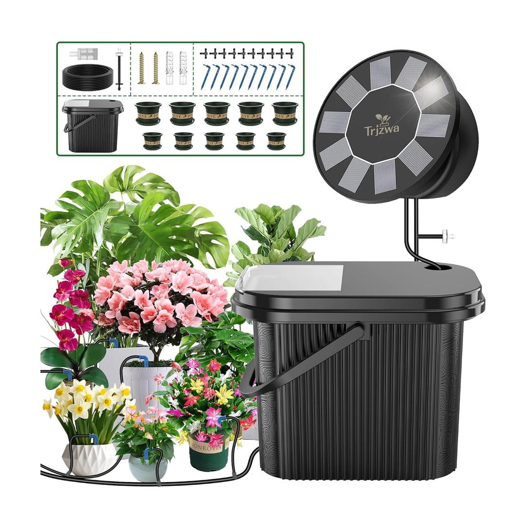 Solar Drip Irrigation System Kit,TRJZWA Solar Powered Auto DIY Plant Watering Device with 10 Pack Plastic Plant Pots(4.5/6) and 3.5 Gallons Handy Bucket for Carry